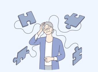 Alzheimer illness disease patients concept. Senior mature woman cartoon character suffering from brain disease and memory loss standing with puzzles flying round vector illustration – #Infografia #Alzheimer #Demencias