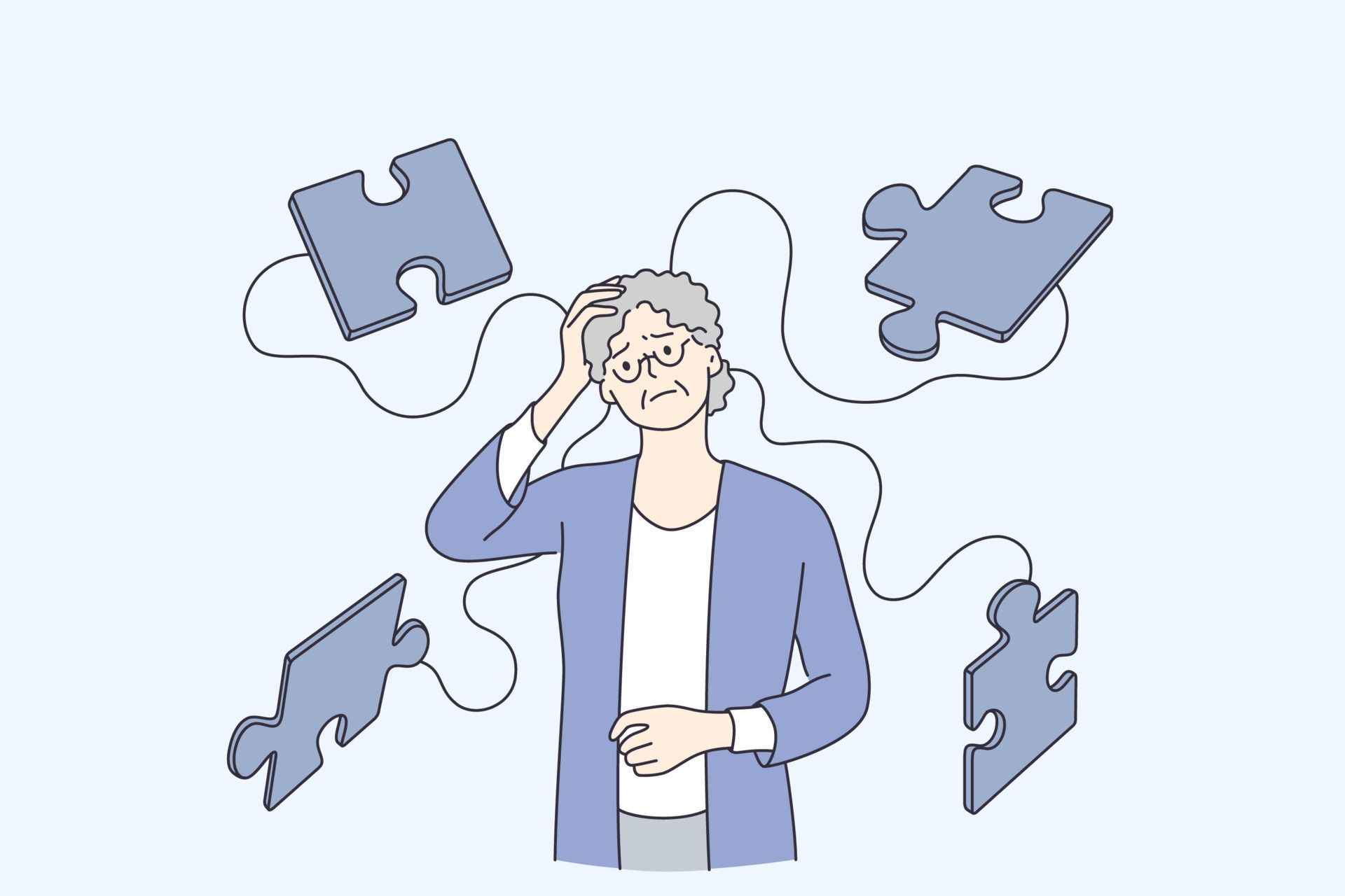 Alzheimer illness disease patients concept. Senior mature woman cartoon character suffering from brain disease and memory loss standing with puzzles flying round vector illustration