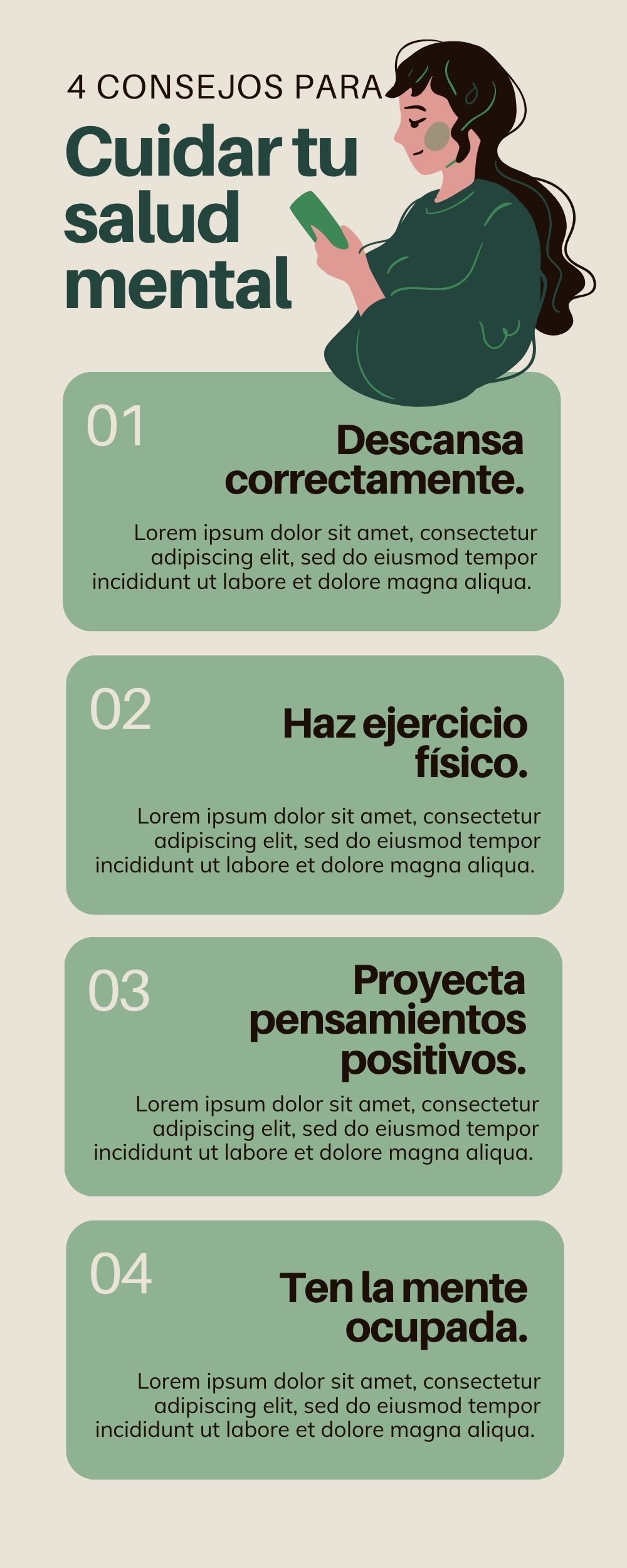 Infografía salud mental consejos verde y beige