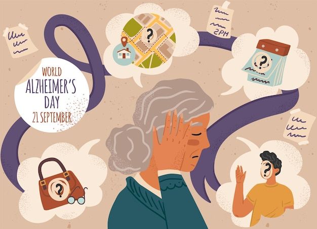 Vecchia donna che soffre di perdita di memoria poster vettoriale giornata mondiale di alzheimer persone anziane con demenza o | Vettore Premium